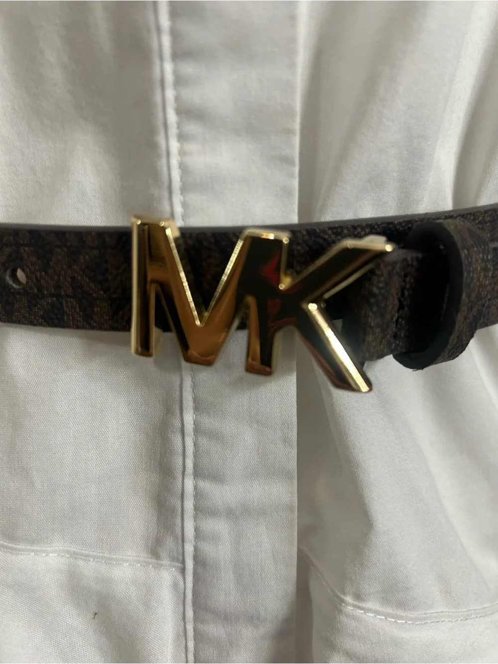 Michael Kors Gold MK Logo Buckle Belt with Black Strap